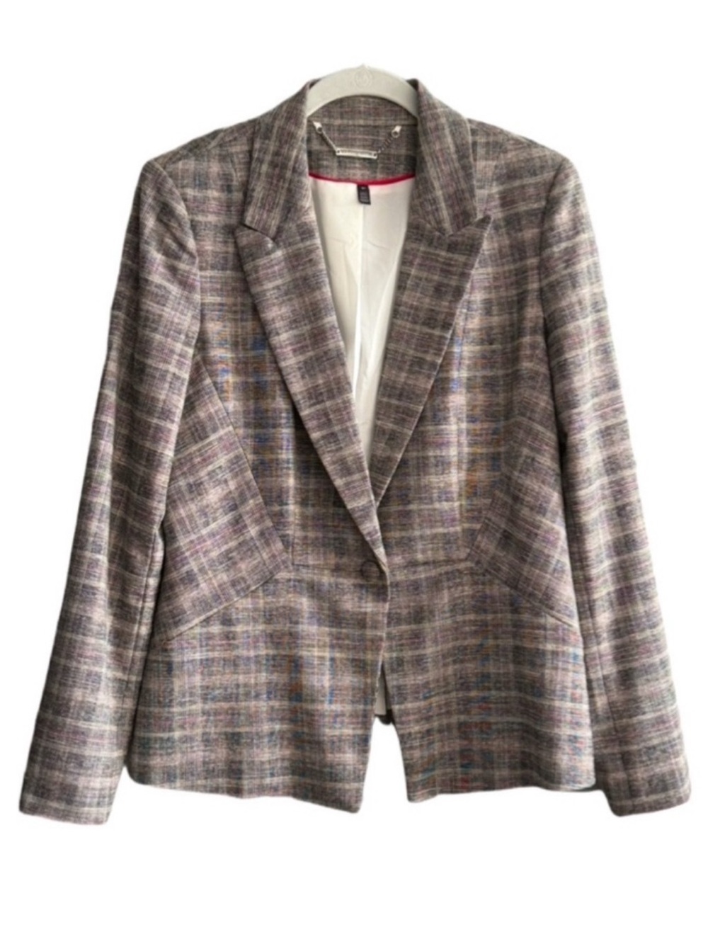 WHBM Plaid Blazer One Button Suit Jacket Gray Pink Size 10